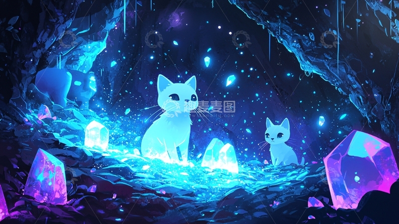 高清大图下载【趣麦麦图】发光小猫洞穴水晶