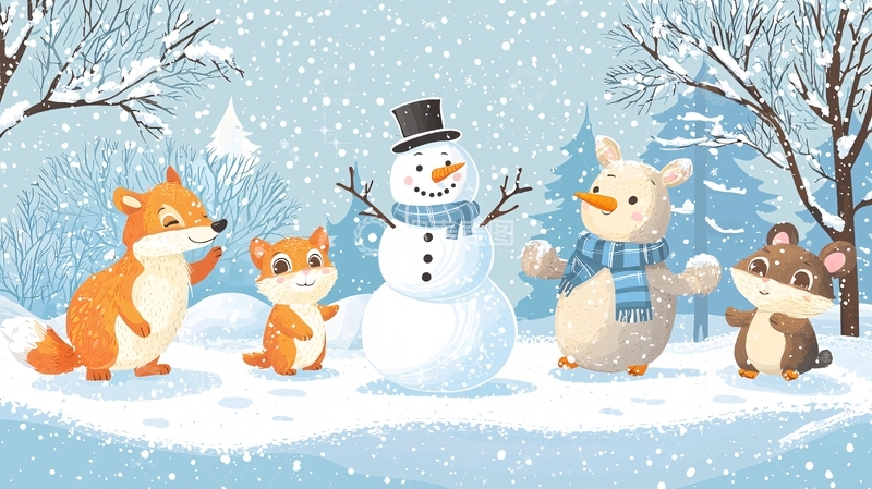 高清大图下载【趣麦麦图】卡通动物堆雪人