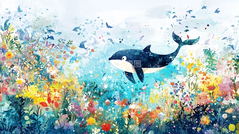 高清大图下载【趣麦麦图】水彩画鲸鱼珊瑚礁
