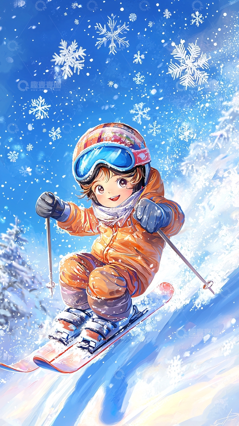 高清大图下载【趣麦麦图】卡通滑雪小孩