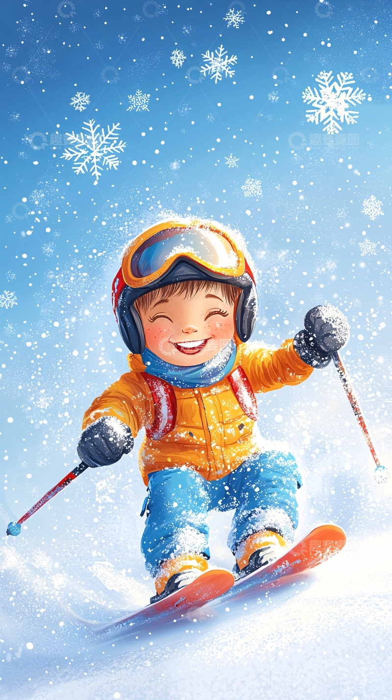 高清大图下载【趣麦麦图】开心滑雪的小男孩