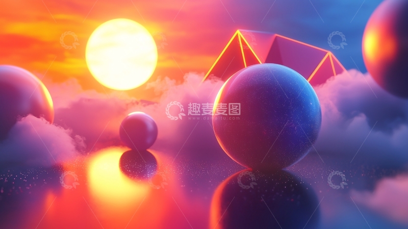 高清大图下载【趣麦麦图】日落云海球体几何
