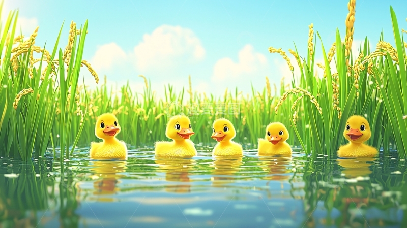 高清大图下载【趣麦麦图】稻田里的小黄鸭