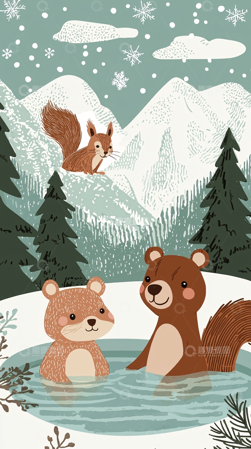 高清大图下载【趣麦麦图】冬日森林动物温泉