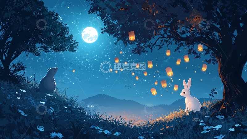 高清大图下载【趣麦麦图】月夜星空下的兔子和熊