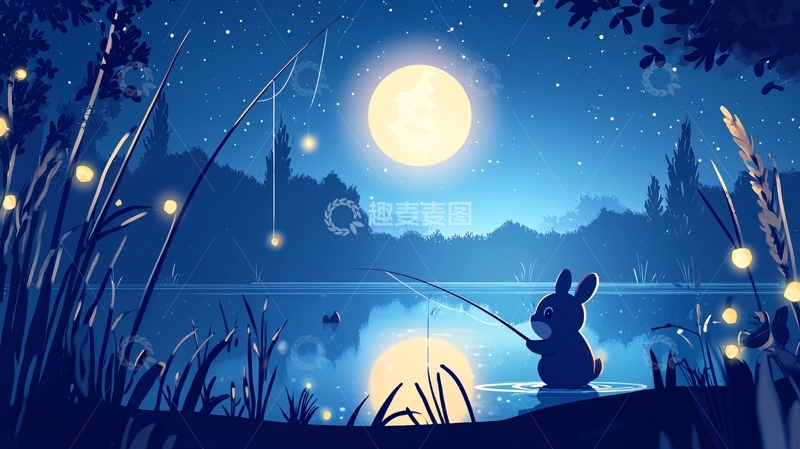 高清大图下载【趣麦麦图】月光下兔子垂钓