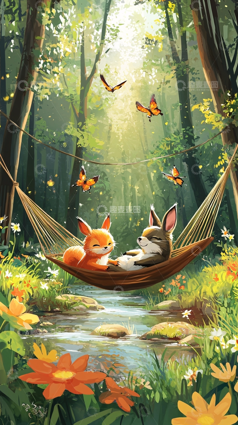高清大图下载【趣麦麦图】森林溪流小松鼠狐狸吊床