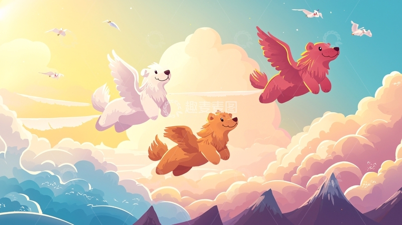 高清大图下载【趣麦麦图】三只长翅膀的可爱小熊在飞翔