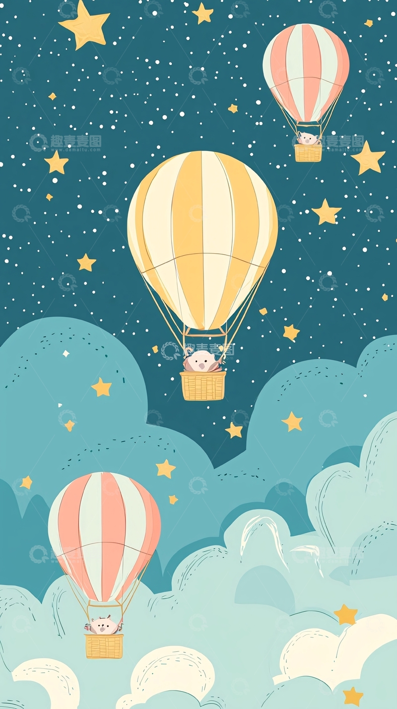 高清大图下载【趣麦麦图】星空热气球卡通