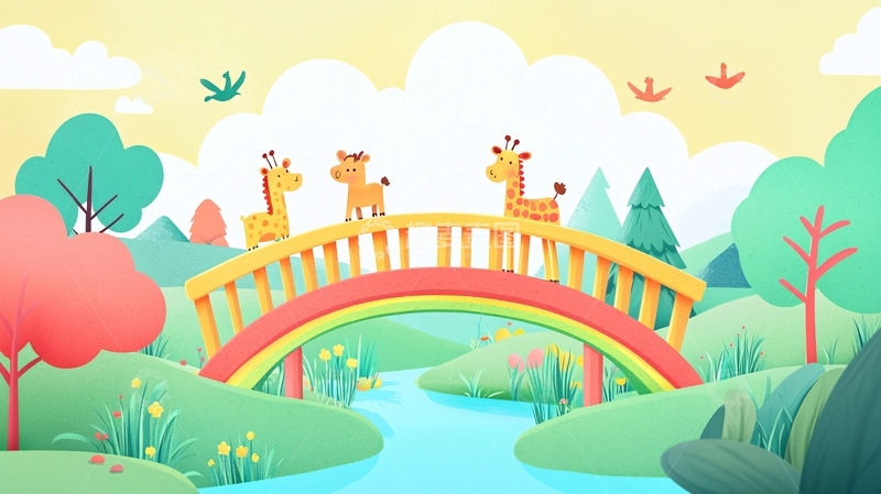 高清大图下载【趣麦麦图】卡通长颈鹿彩虹桥