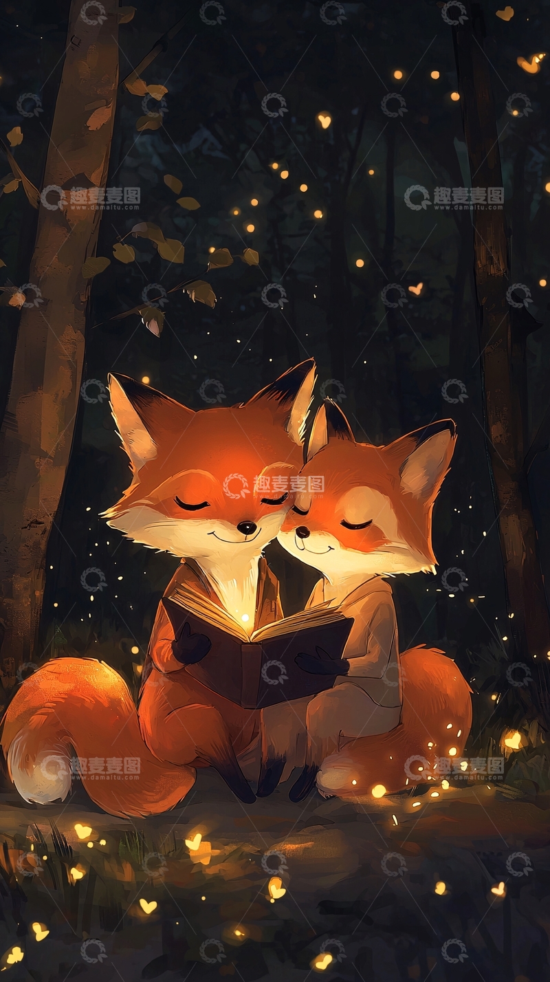 高清大图下载【趣麦麦图】萤火虫森林里狐狸看书