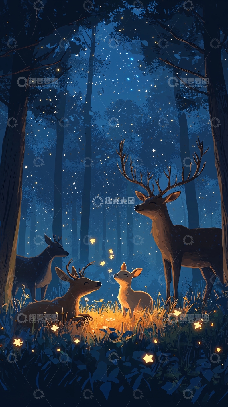 高清大图下载【趣麦麦图】夜晚森林鹿家族