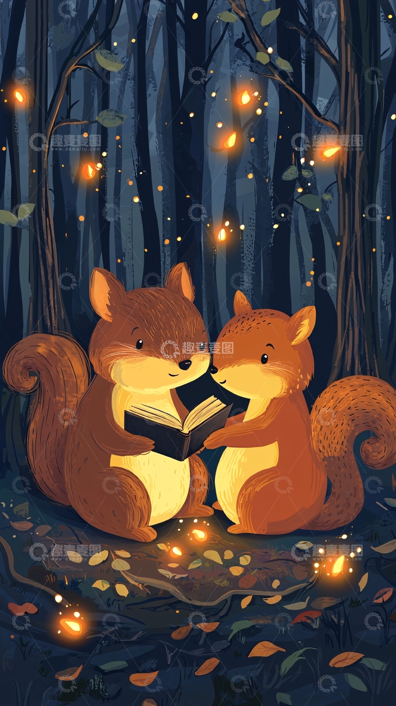 高清大图下载【趣麦麦图】森林夜晚小松鼠读书