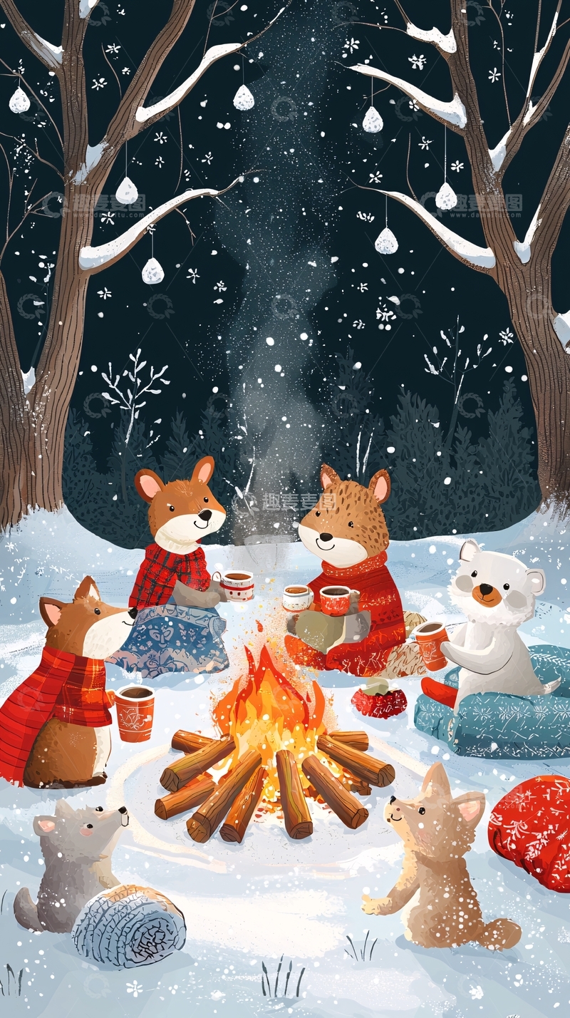 高清大图下载【趣麦麦图】冬天篝火动物派对