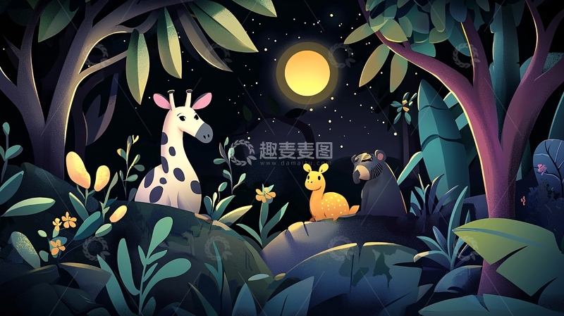 高清大图下载【趣麦麦图】月夜森林动物卡通