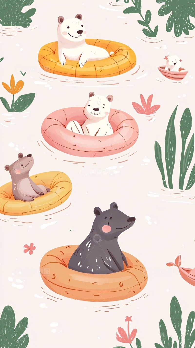 高清大图下载【趣麦麦图】北极熊游泳圈漂浮