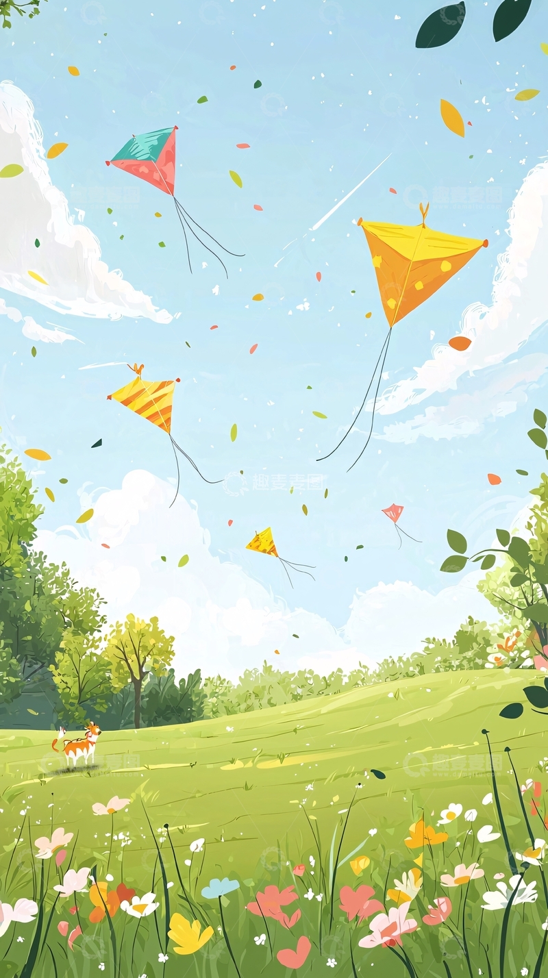 高清大图下载【趣麦麦图】春天风筝田野