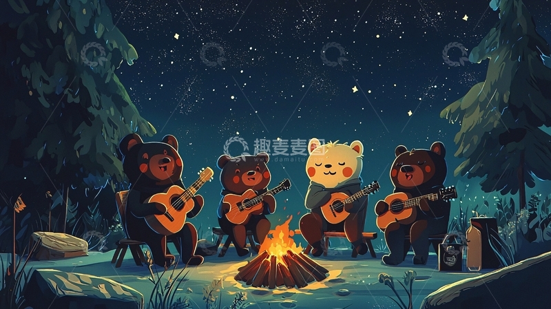 高清大图下载【趣麦麦图】篝火晚会上的小熊乐队