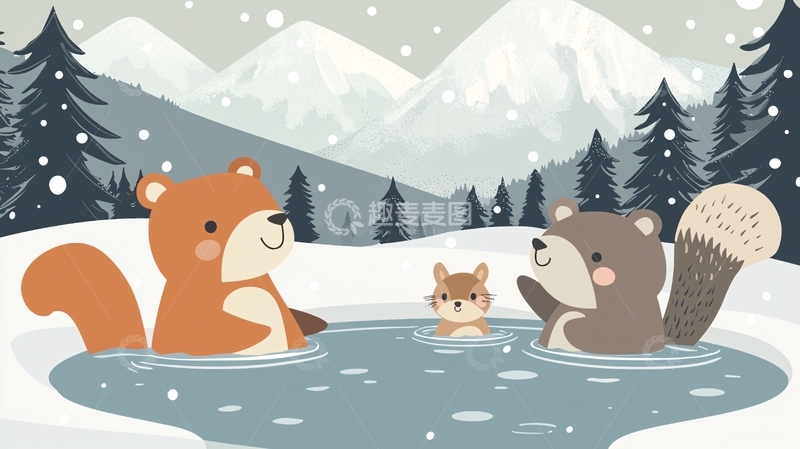 高清大图下载【趣麦麦图】冬日动物温泉嬉戏图
