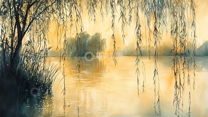 高清大图下载【趣麦麦图】夕阳下垂柳倒影湖面
