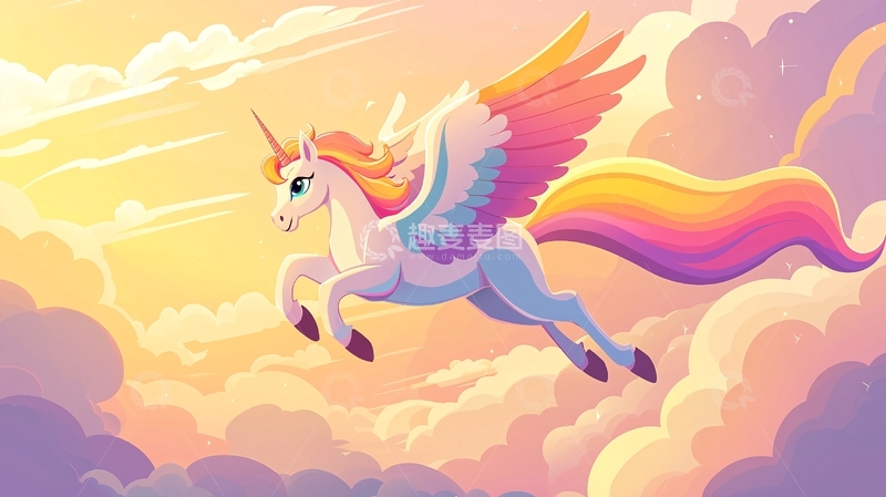 高清大图下载【趣麦麦图】飞翔的彩虹独角兽