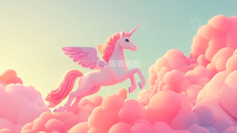 高清大图下载【趣麦麦图】粉红独角兽飞跃棉花糖云朵