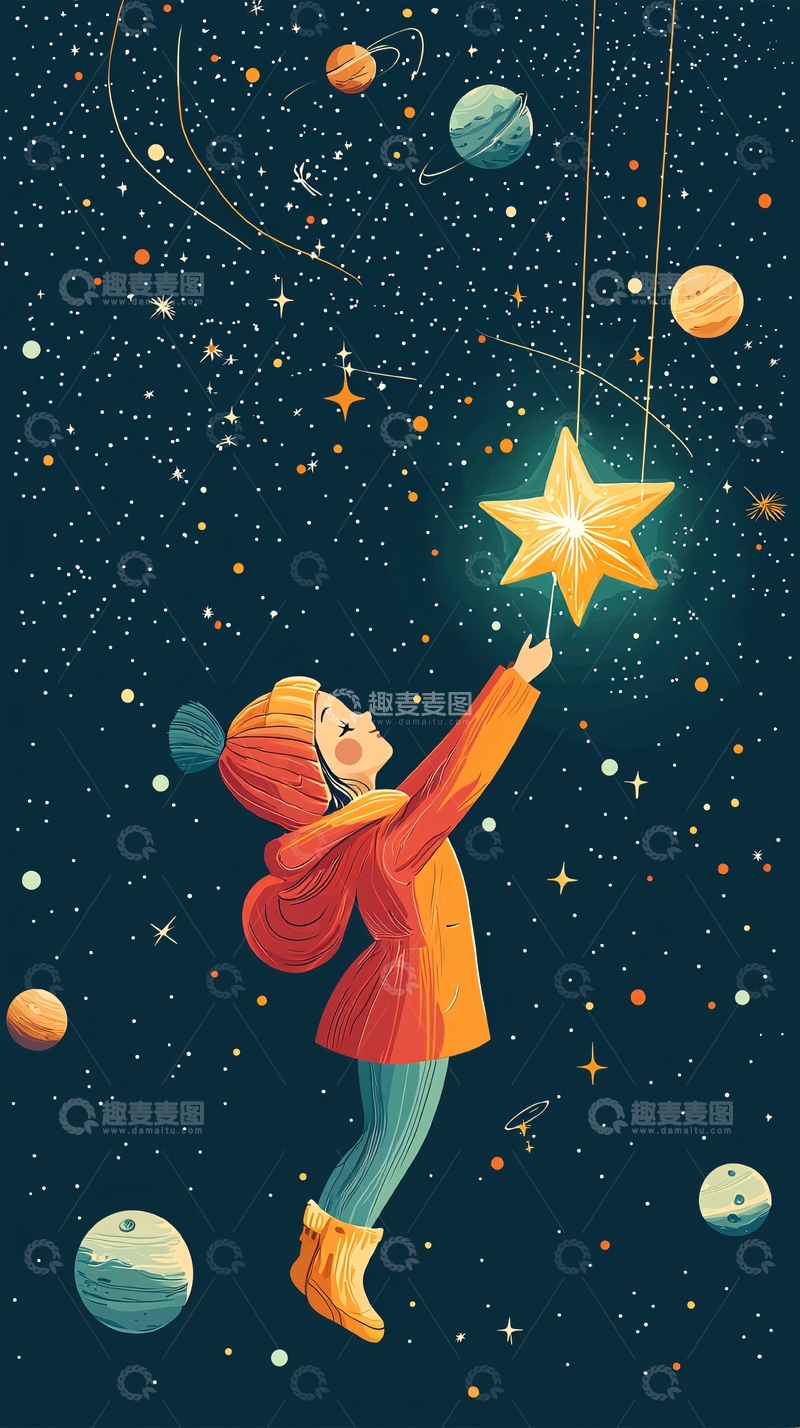 高清大图下载【趣麦麦图】小女孩伸手摘星星