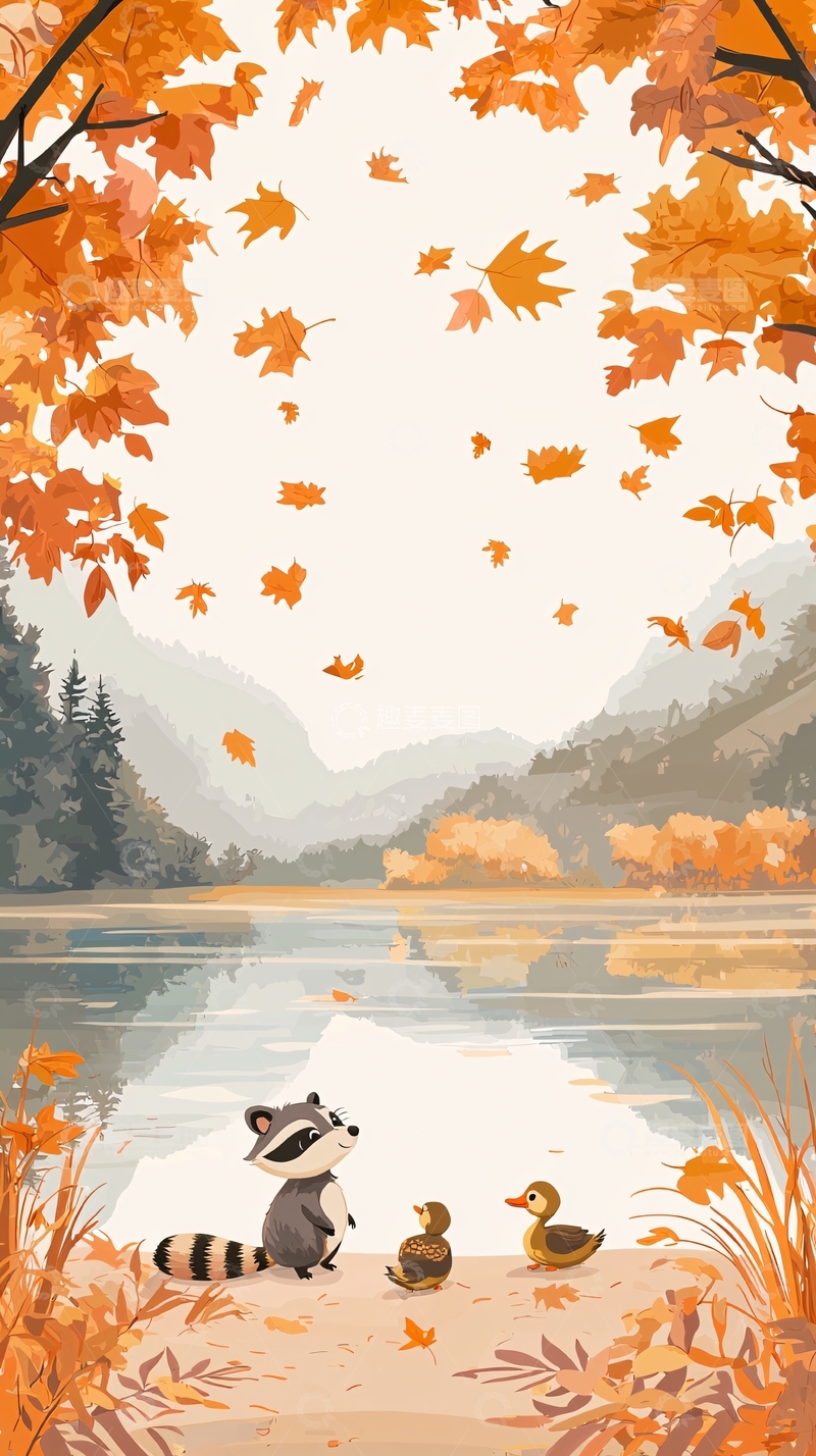 高清大图下载【趣麦麦图】秋日森林浣熊与小鸭