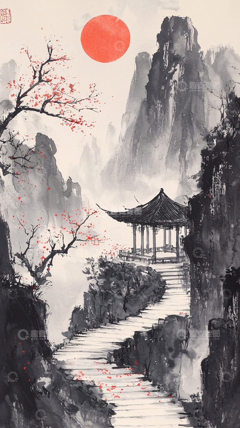 高清大图下载【趣麦麦图】水墨山水亭台楼阁红日