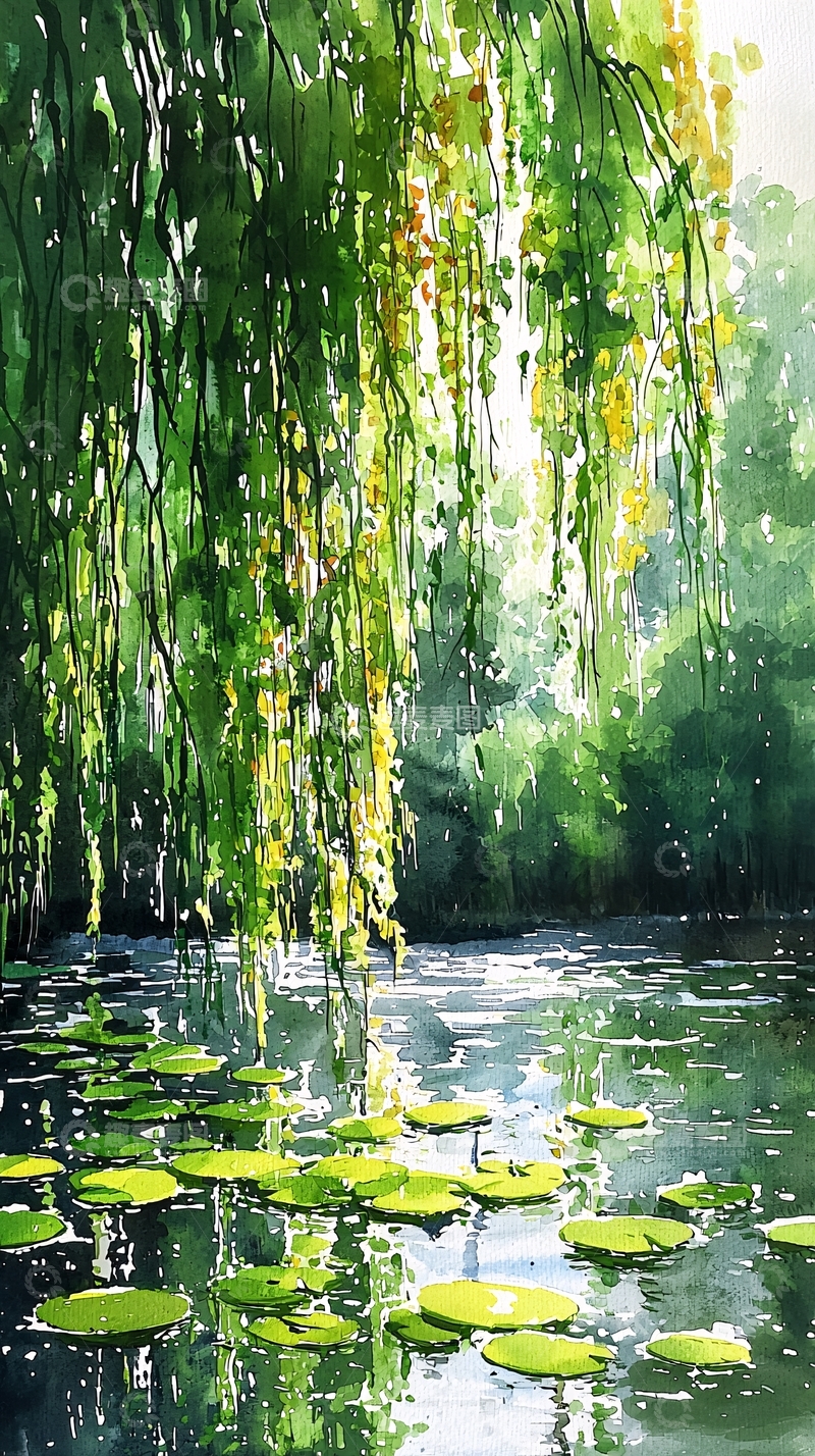 高清大图下载【趣麦麦图】柳树下的平静水面