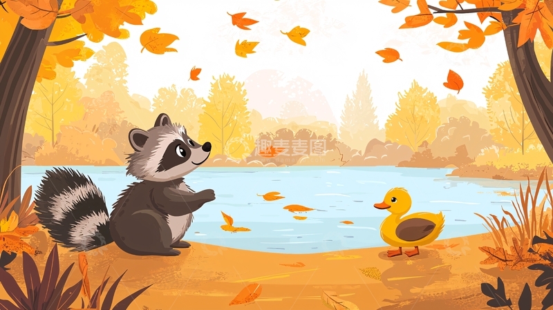 高清大图下载【趣麦麦图】秋日浣熊和鸭子湖边嬉戏