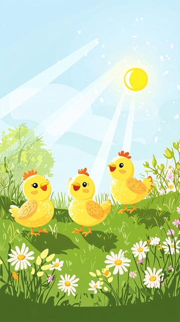 三只小鸡在阳光下玩耍