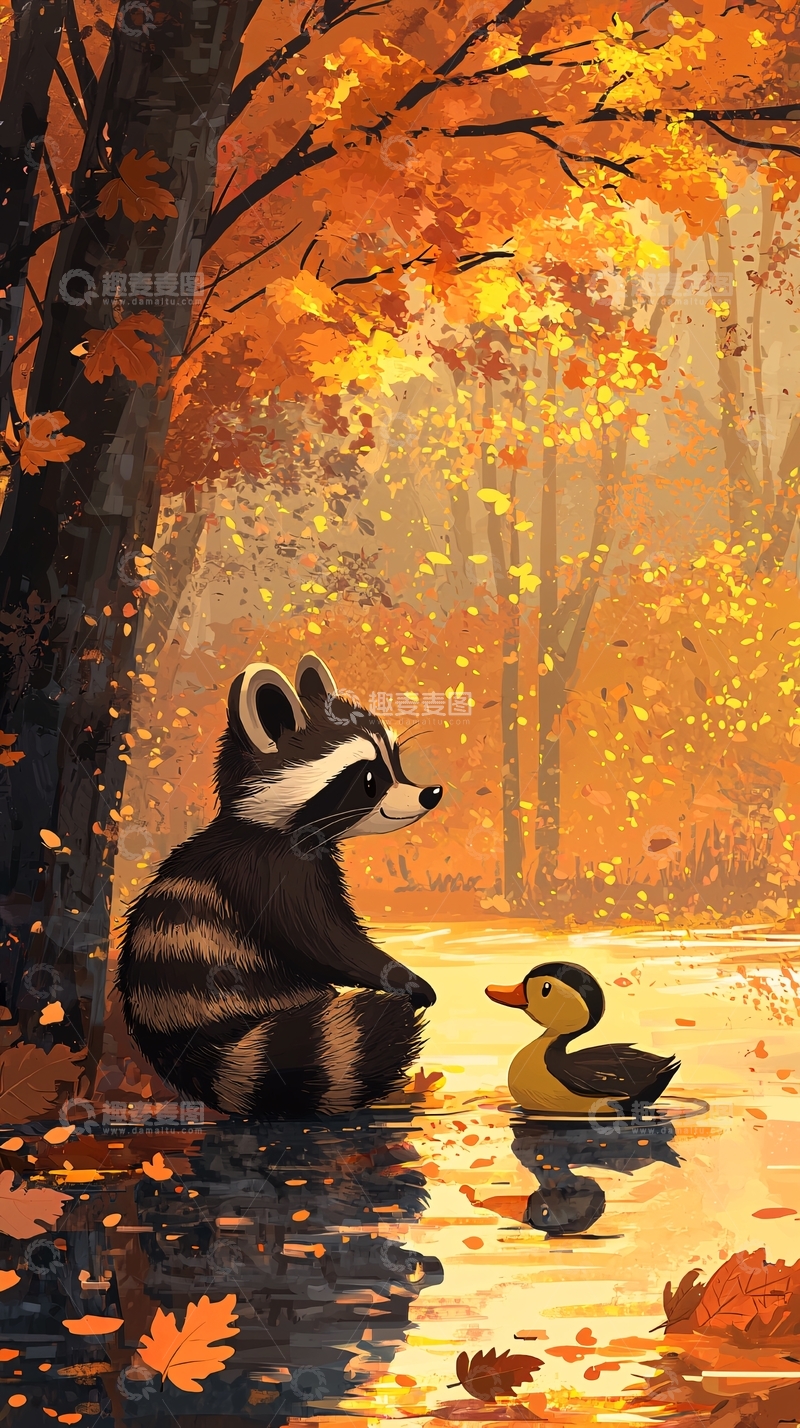高清大图下载【趣麦麦图】浣熊和鸭子秋日森林