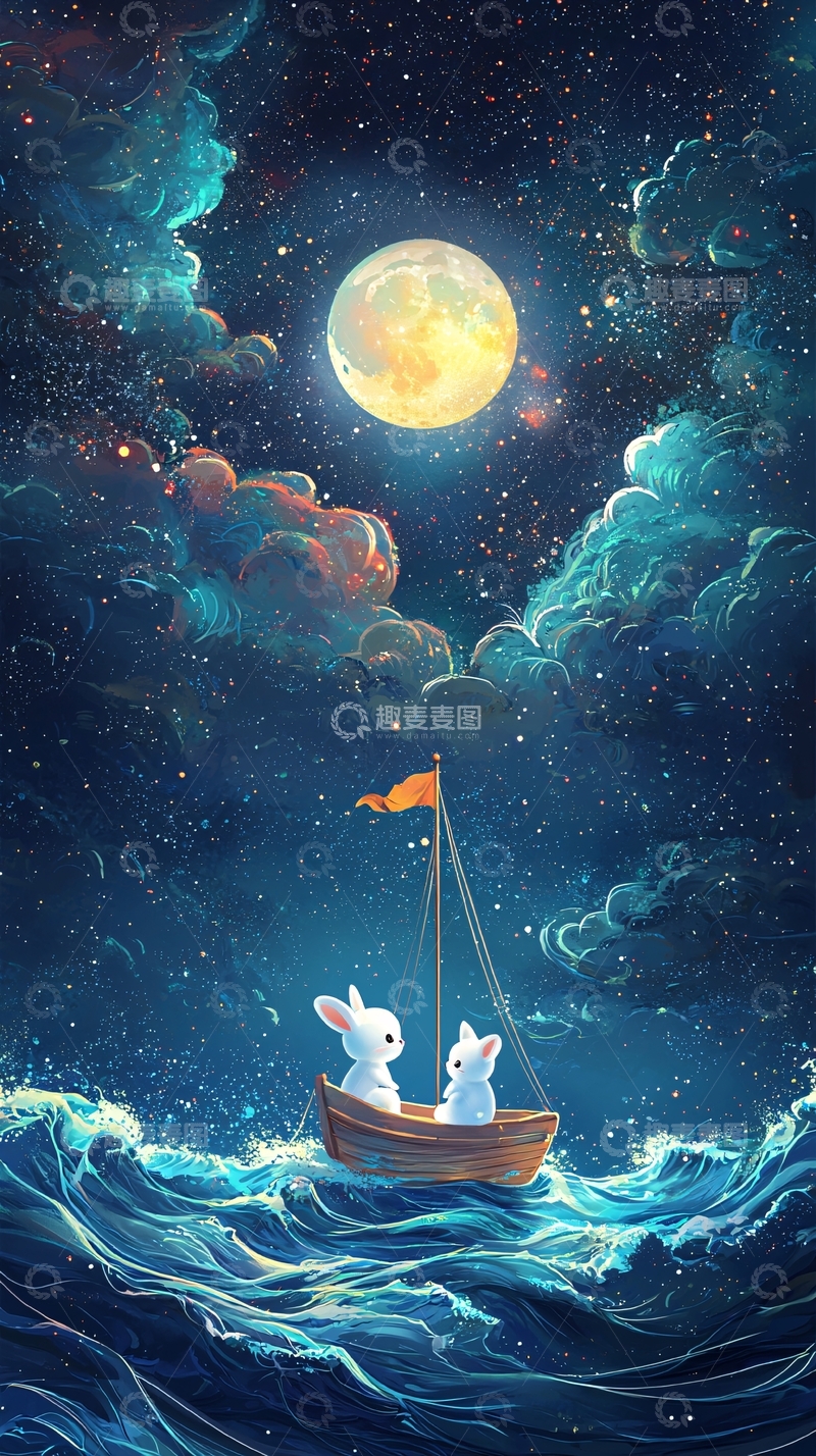 高清大图下载【趣麦麦图】月夜乘船的两只兔子