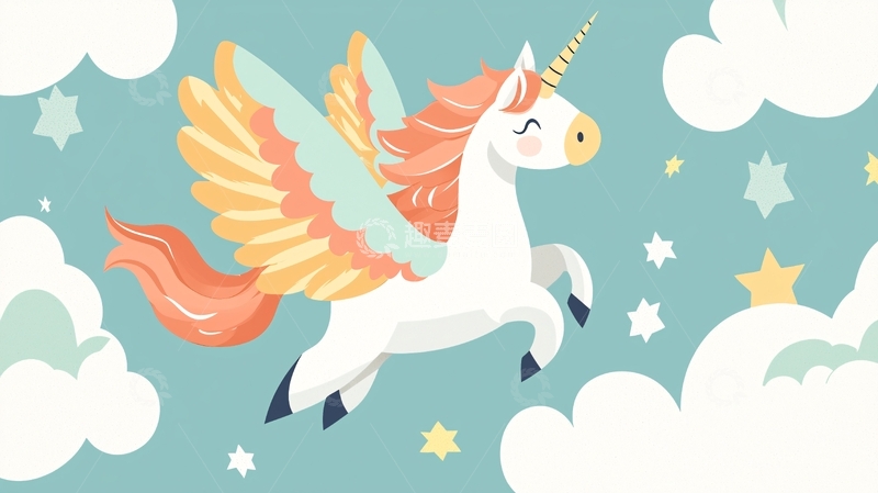 高清大图下载【趣麦麦图】飞翔的独角兽卡通图