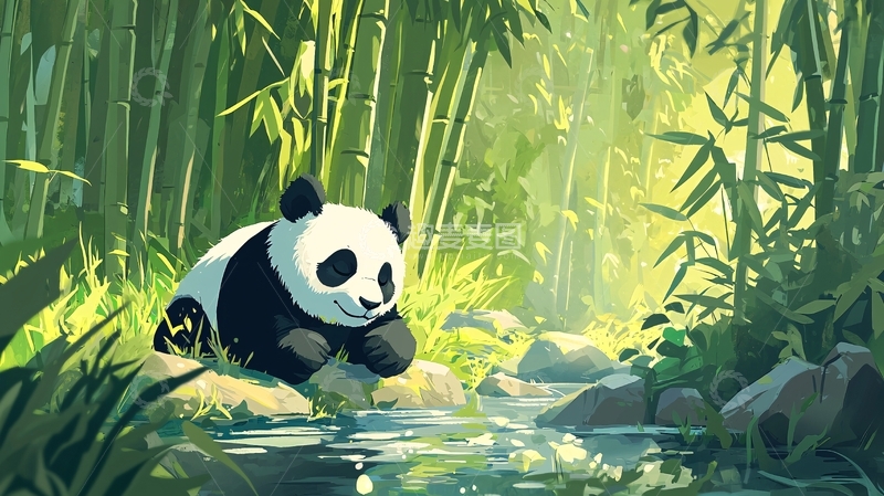 高清大图下载【趣麦麦图】熊猫竹林溪流