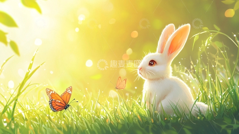 高清大图下载【趣麦麦图】阳光下的小白兔和蝴蝶