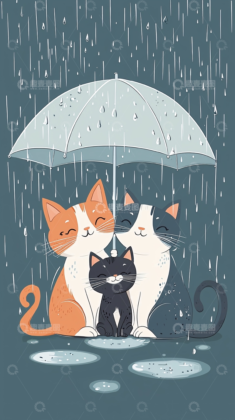 高清大图下载【趣麦麦图】雨中猫咪一家