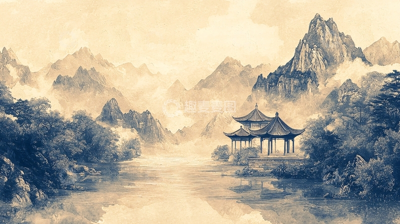 高清大图下载【趣麦麦图】水墨山水亭台楼阁意境