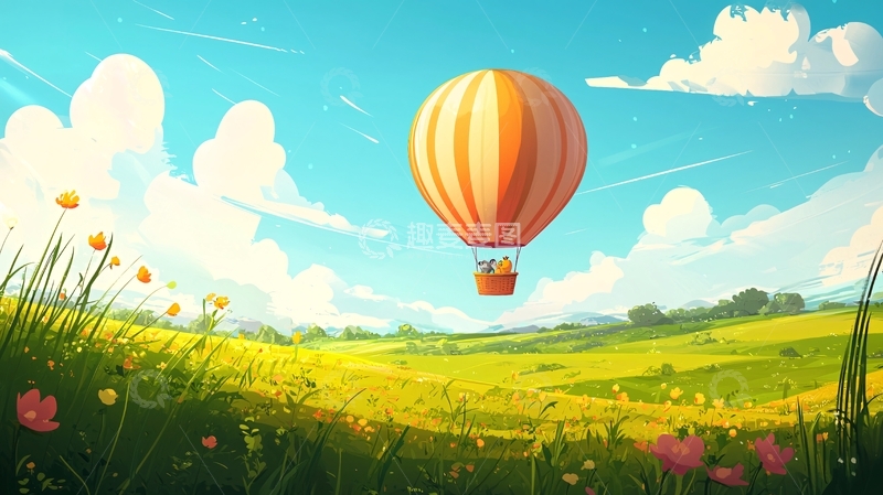 高清大图下载【趣麦麦图】热气球飞过田野