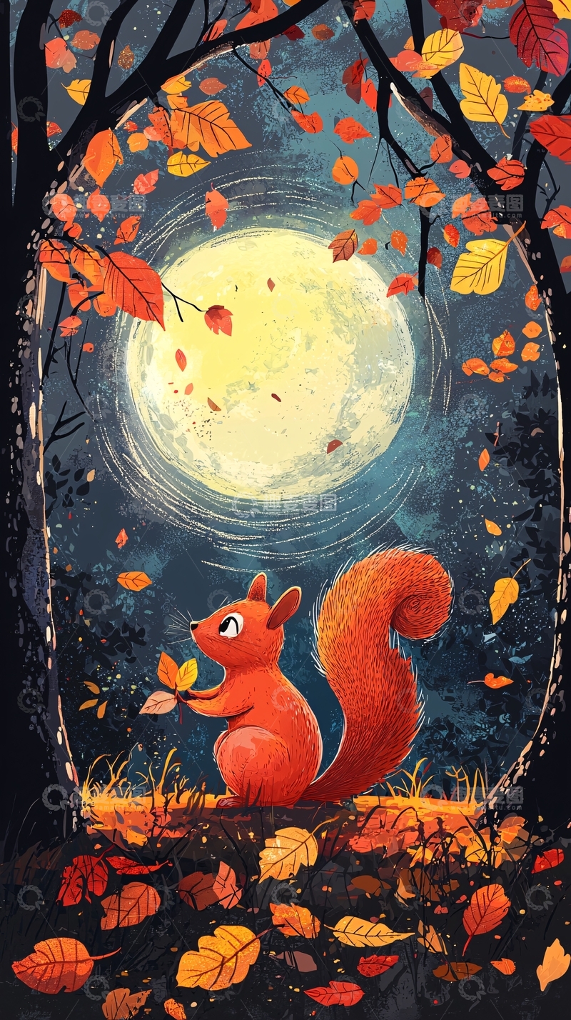 高清大图下载【趣麦麦图】秋夜森林小松鼠