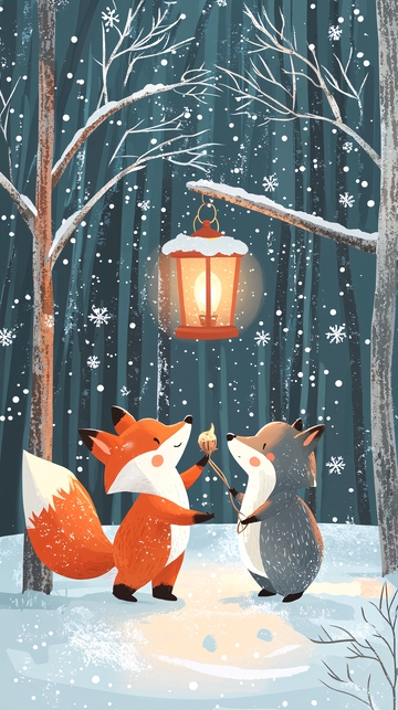 冬日森林狐狸点灯