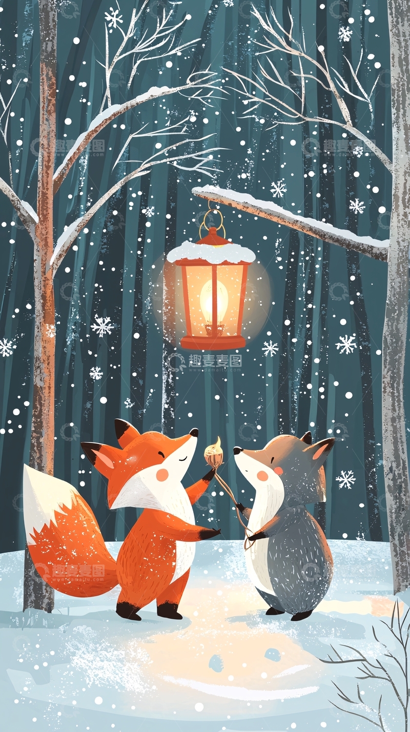 高清大图下载【趣麦麦图】冬日森林狐狸点灯