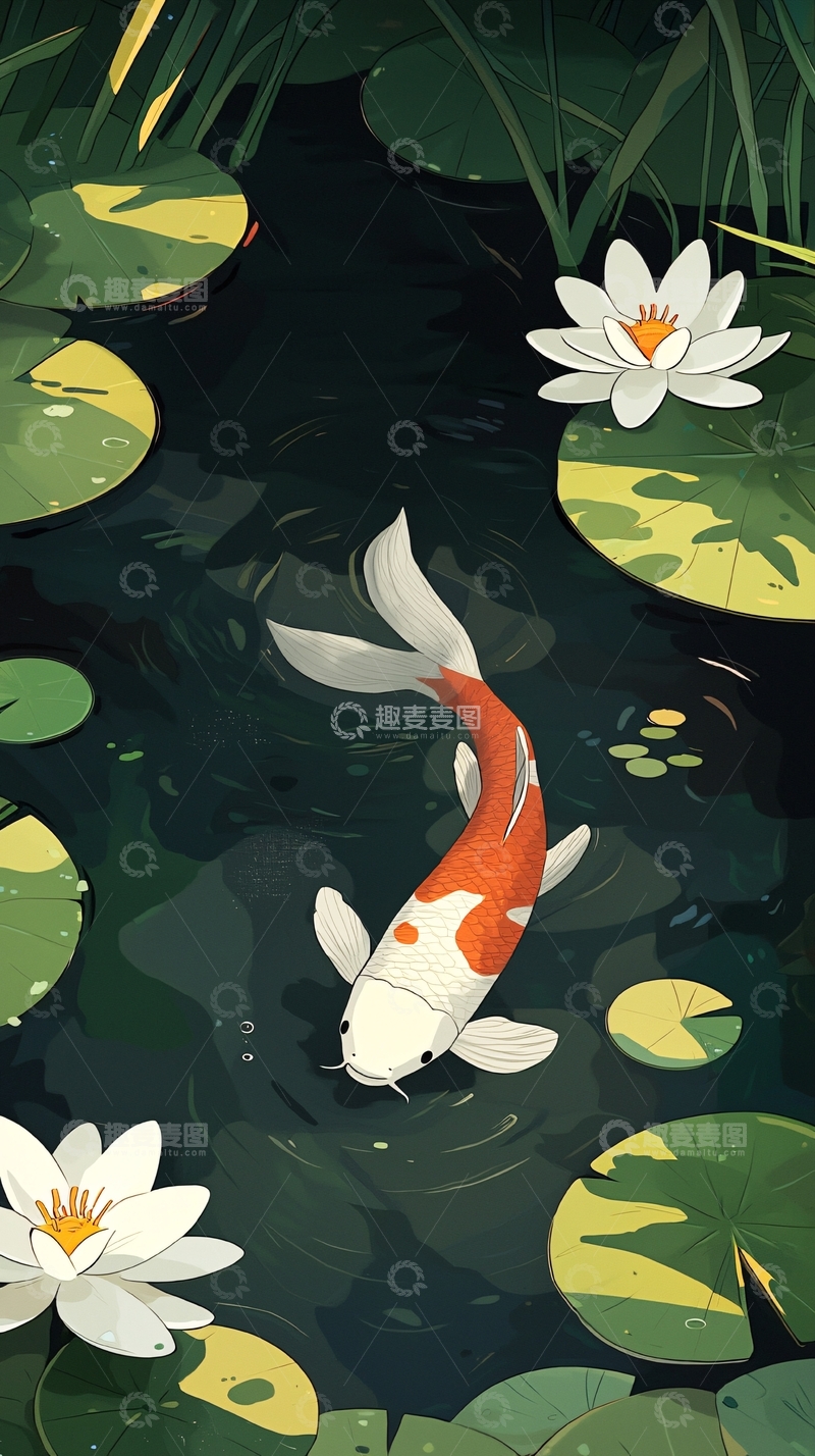 高清大图下载【趣麦麦图】水墨风格鲤鱼荷花