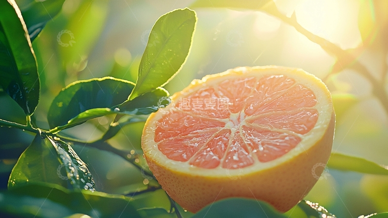高清大图下载【趣麦麦图】半个西柚阳光洒落树叶间