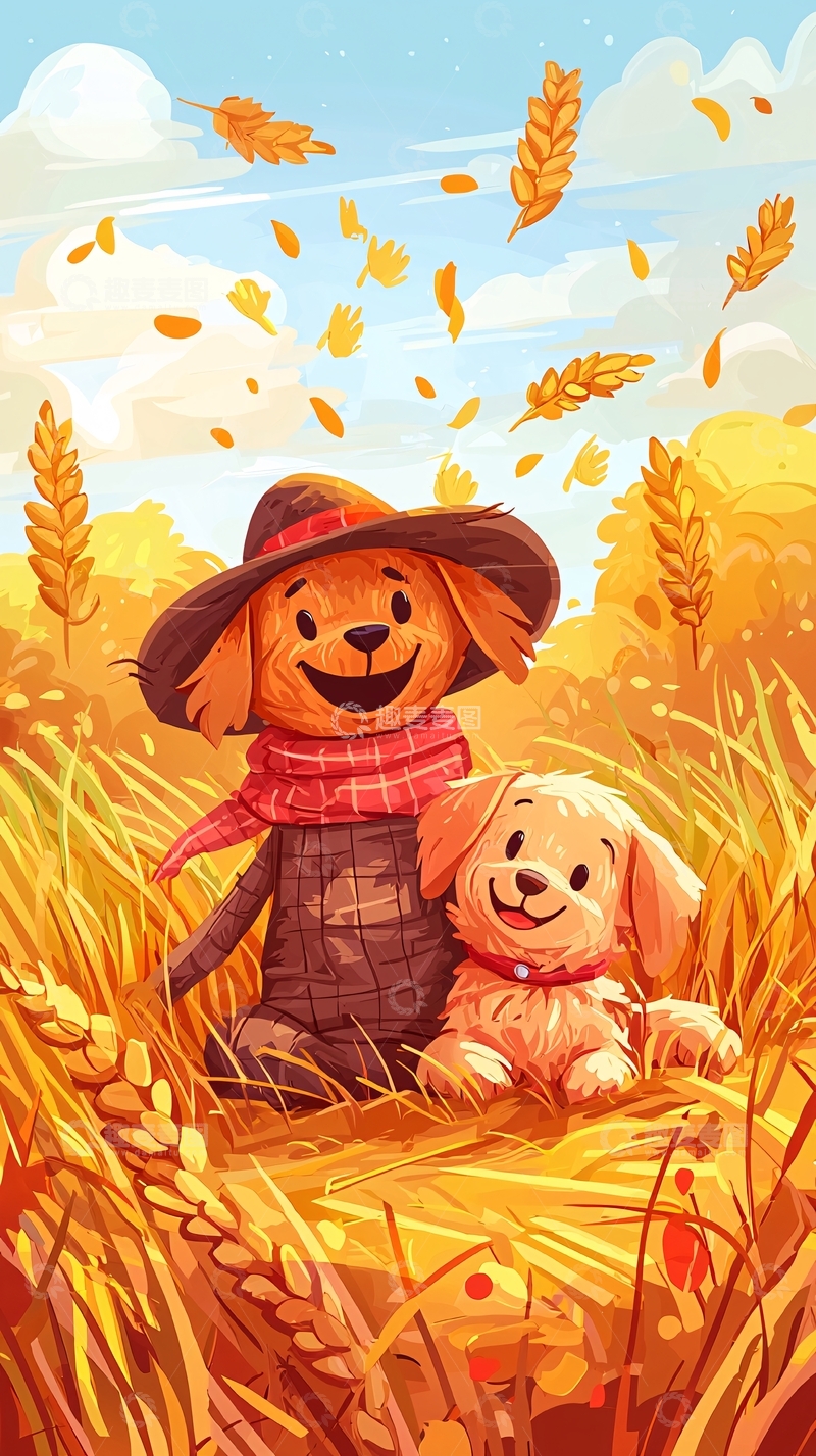 高清大图下载【趣麦麦图】秋天田野里两只可爱的小狗