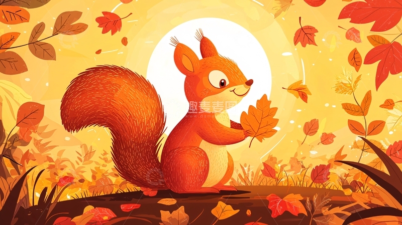 高清大图下载【趣麦麦图】秋日松鼠与落叶