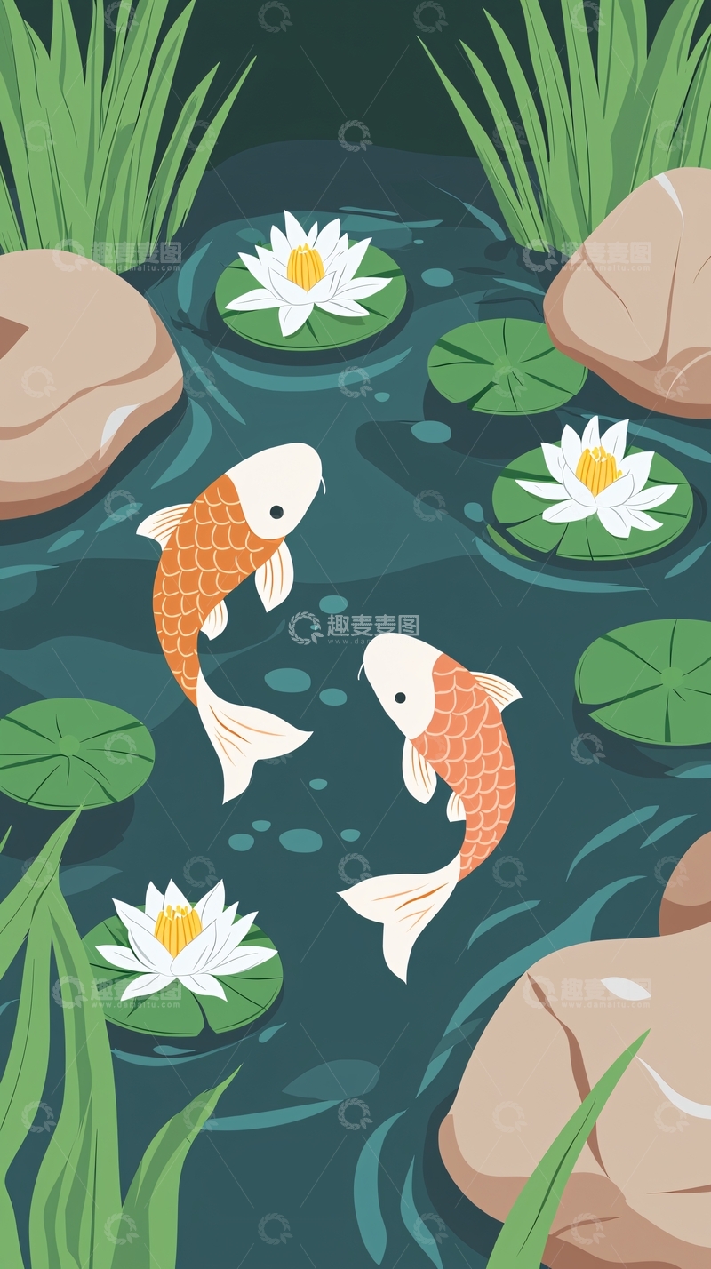 高清大图下载【趣麦麦图】可爱卡通鲤鱼荷花池塘