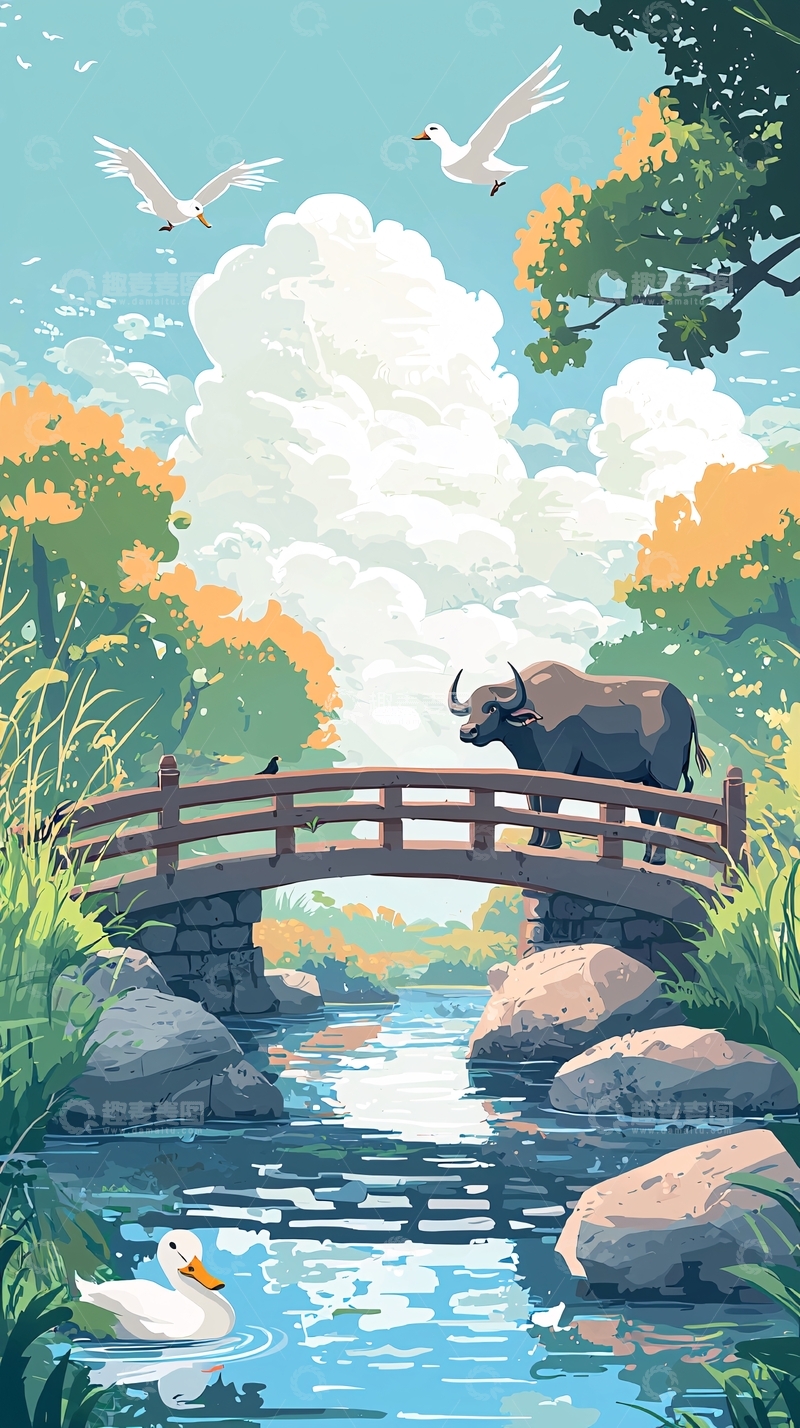 高清大图下载【趣麦麦图】水牛桥边风景画