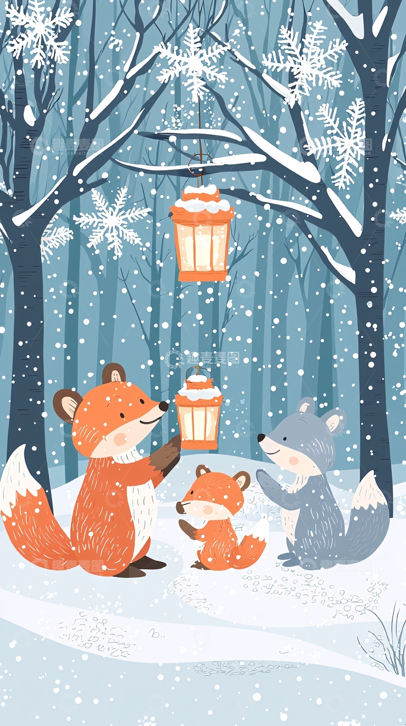 高清大图下载【趣麦麦图】冬日森林狐狸一家灯笼